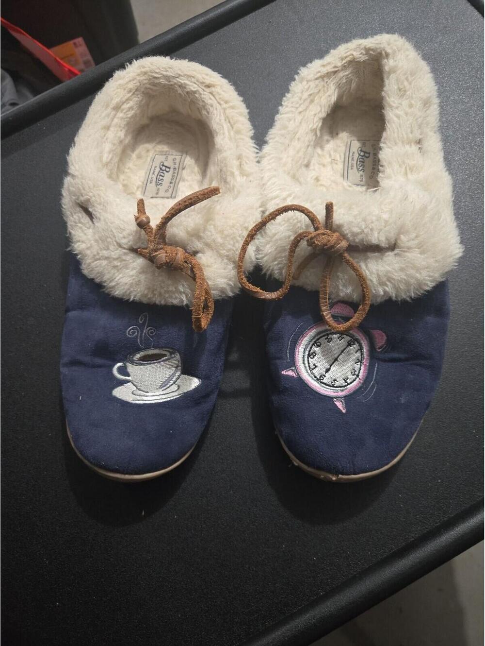 G.H. Bass & Co. Blue Suede Moccasin Slippers with Coffee & Alarm Clock Size 8M